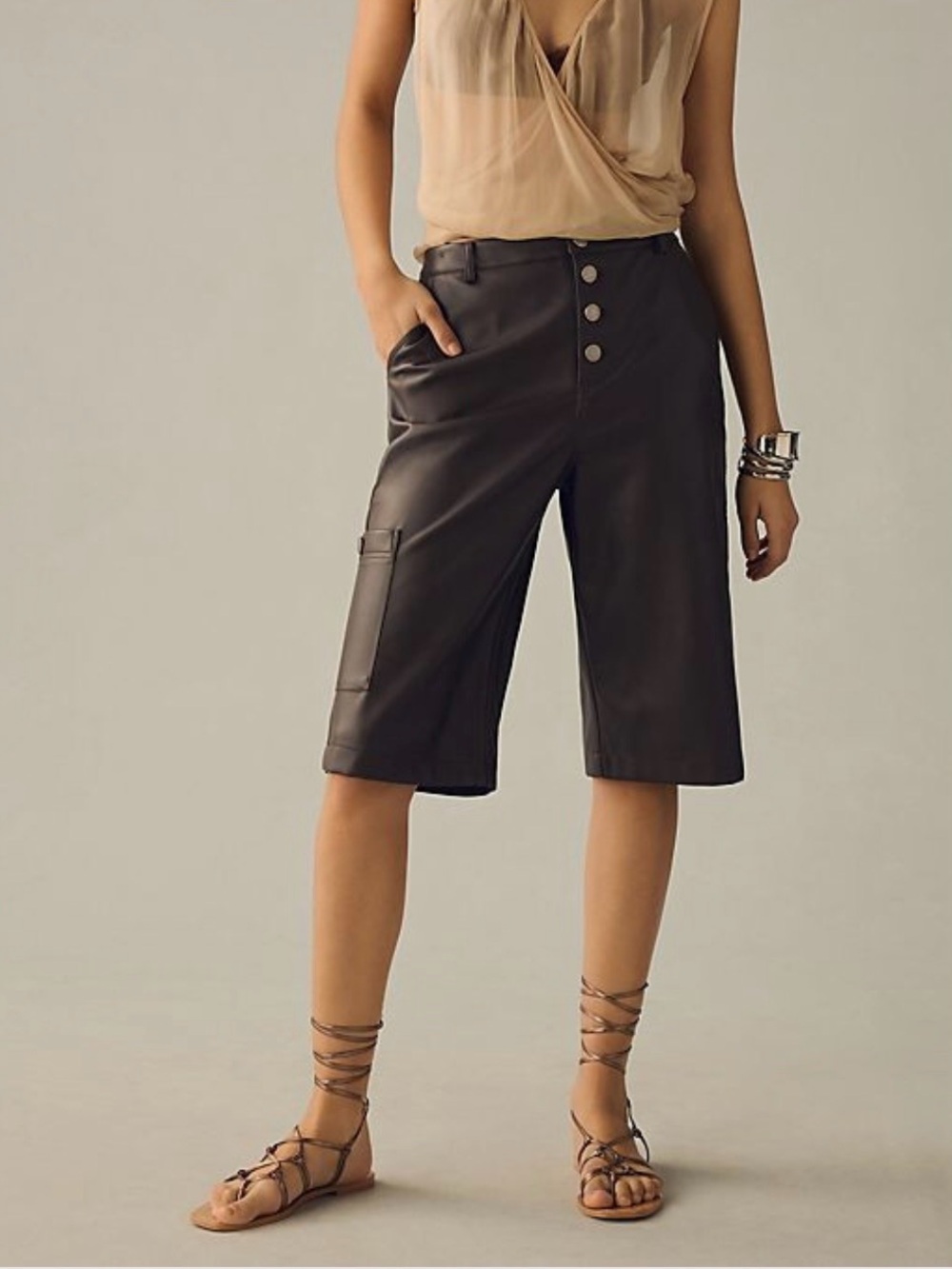 NWT Avec Les Filles Brown Faux Leather Bermuda Culotte Shorts Anthropologie 12